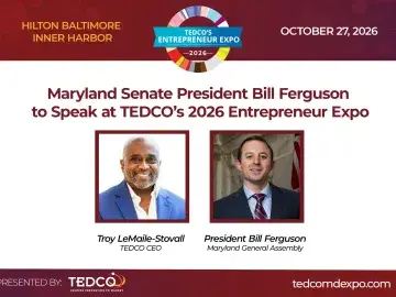 TEDCO 2026 Entrepreneur Expo graphic announcing Bill Ferguson speaking, with headshot