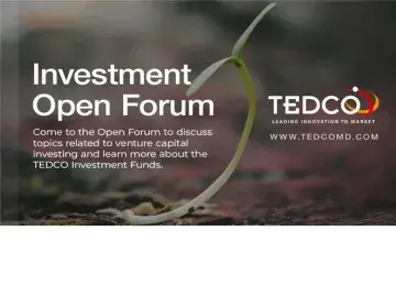 TEDCO Investment Open Forum banner with small green sprout on dark soil.