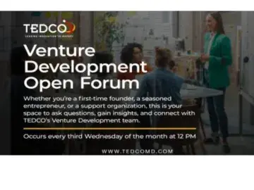 TEDCO graphic: Venture Development Open Forum with office meeting in background